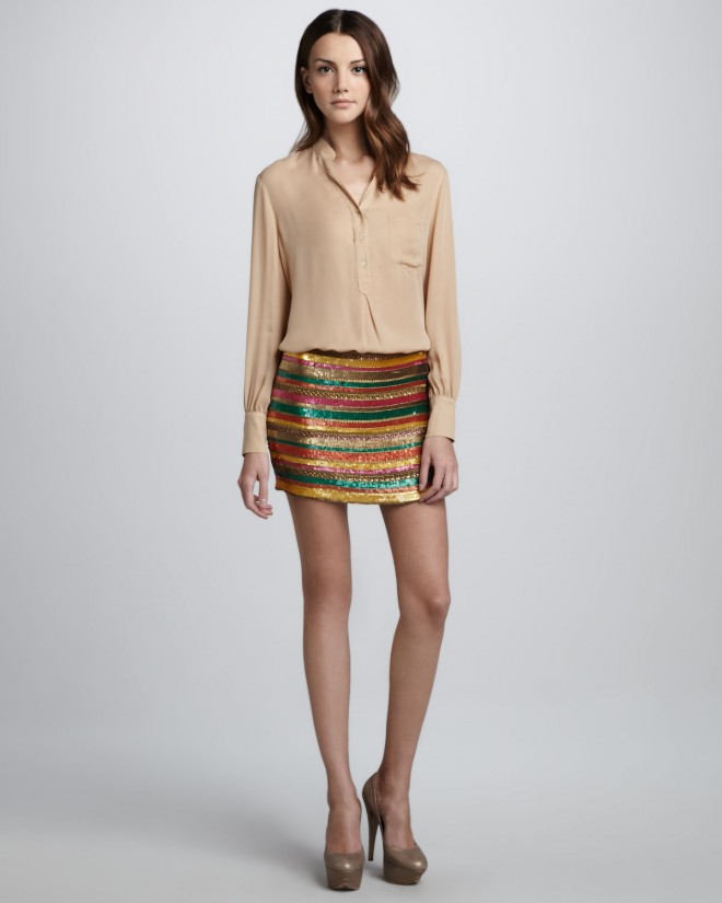 Haute-Hippie-Long-Sleeve-Silk-Blouse-Sequined-Striped-Skirt